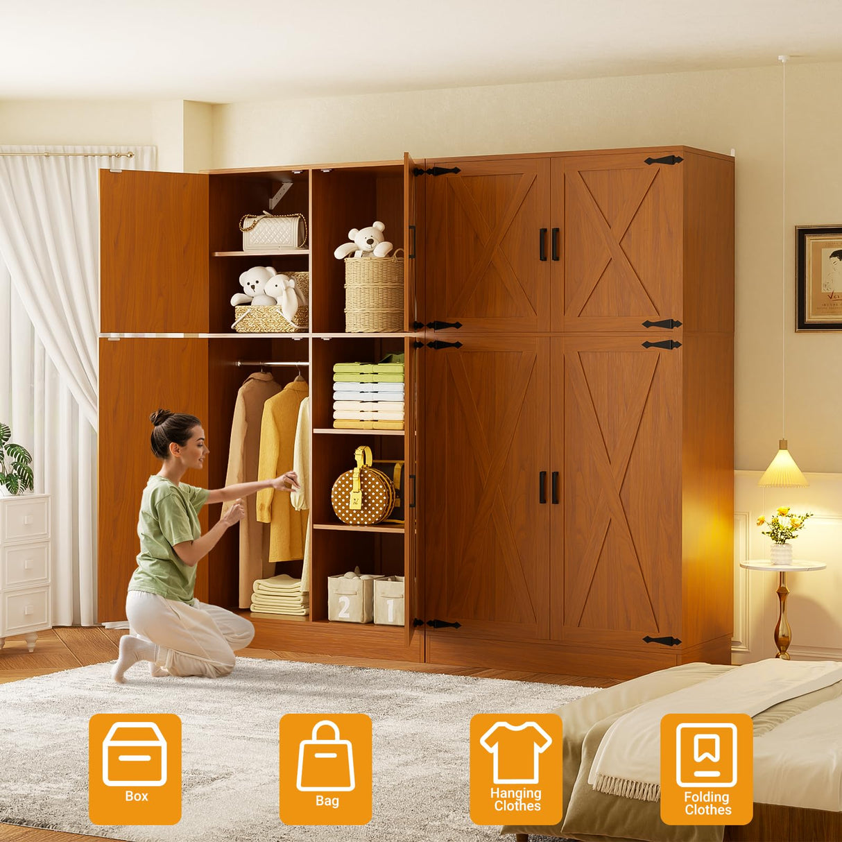 Unikito 71'' Farmhouse Wardrobe Closet with Hanging Rod, 4 Barn Door Storage Cabinet with Adjustable Shelves, Freestanding Closet Wardrobe Cabinet for Bedroom Living Room Office, Highland Oak Unikito