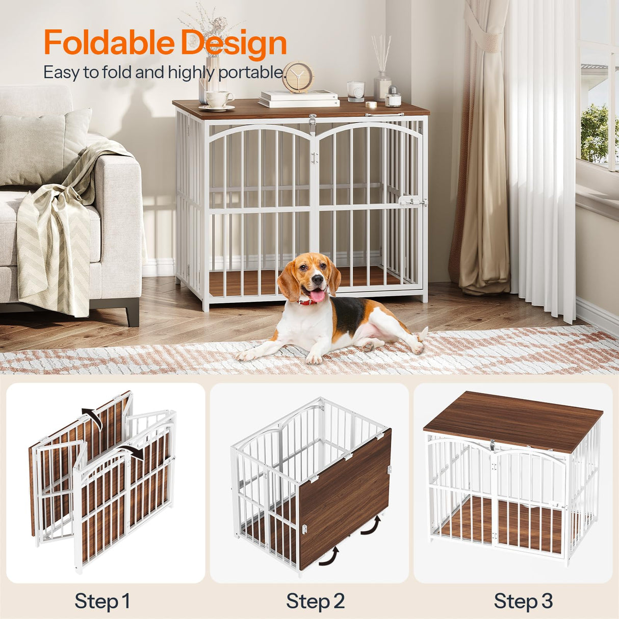 HOOBRO Foldable Dog Crate Furniture, 31.5" Indoor Dog Kennel No Assembly, Wooden Dog Cage Decorative Side End Table, for Medium Small Dogs, White and Walnut WH86GW03 HOOBRO