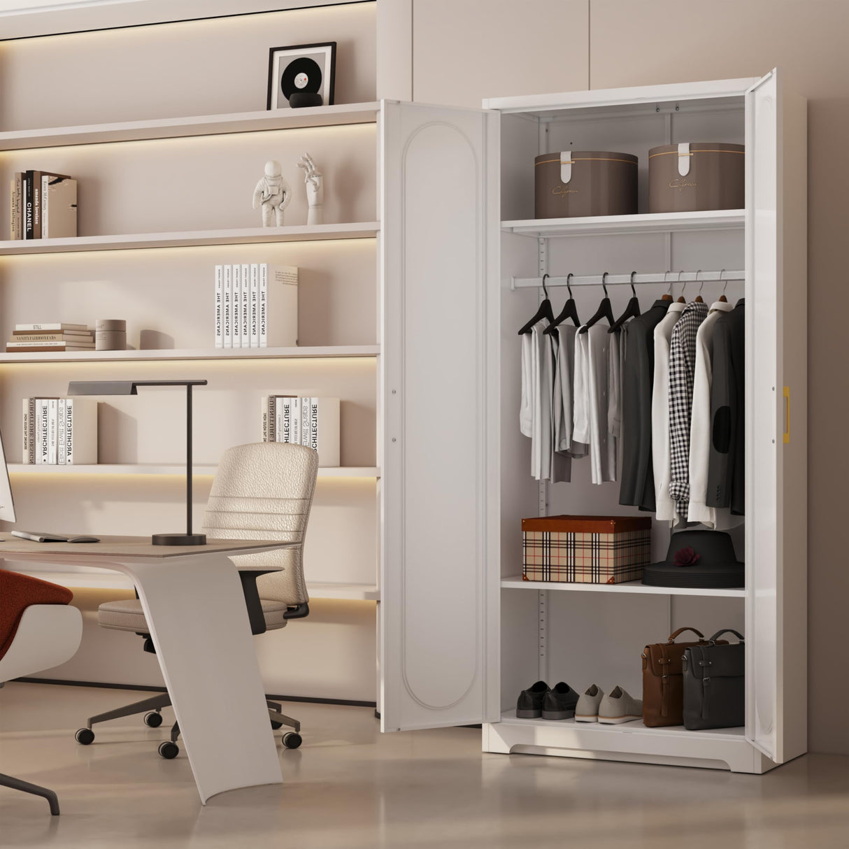 MetalMax 71" Tall Metal Storage Cabinet, Armoire Wardrobe Closet with Hanging Rod, Metal Clothing Storage Cabinets, White Bedroom Armoires with Adjustable Shelves, Steel Closet Cabinet for Bathroom MetalMax