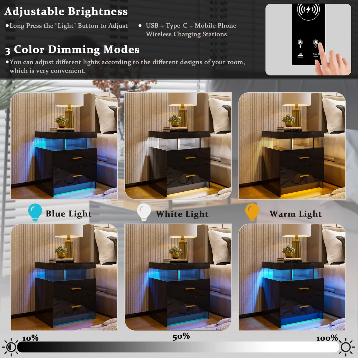 HNEBC Auto LED Nightstand with Wireless Charging Station & USB Ports,High Gloss Bedside Tables with 2 Drawers,Floating Nightstand with 3 Color & Adjustable Brightness Embedded LED Light Strip HNEBC