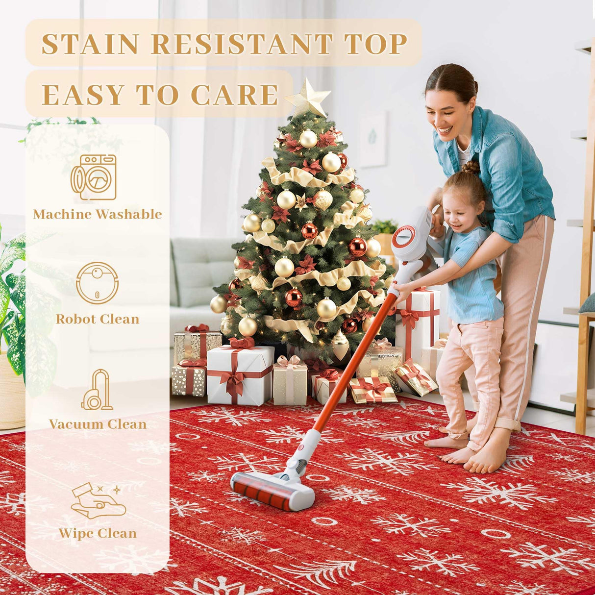 Christmas Area Rug 6x9 Rugs: Washable Living Room Rug Xmas Holiday Decor Rugs Snowflake Low Pile Boho Rug Indoor Floor Carpet for Bedroom Kitchen Dining Room Home(Xmas Red, 6'x9') Zomfy