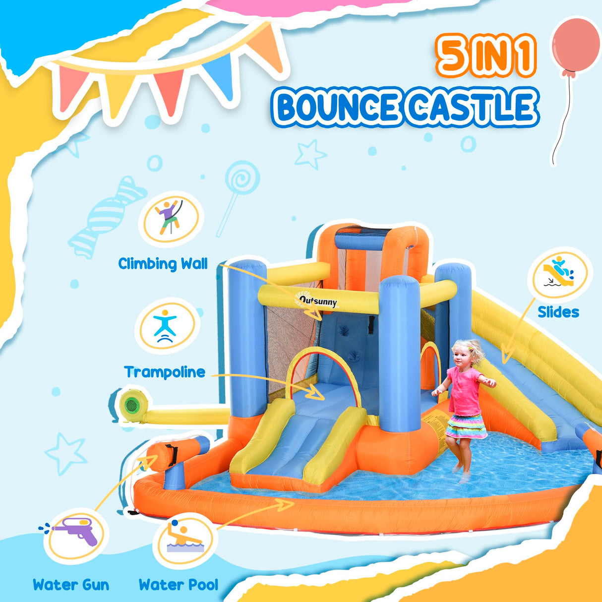 Outsunny 5-in-1 Kids Inflatable Bounce House Jumping Castle with Water Pool, Slide, Climbing Walls, & 2 Water Guns, Orange, Blue, Yellow Outsunny