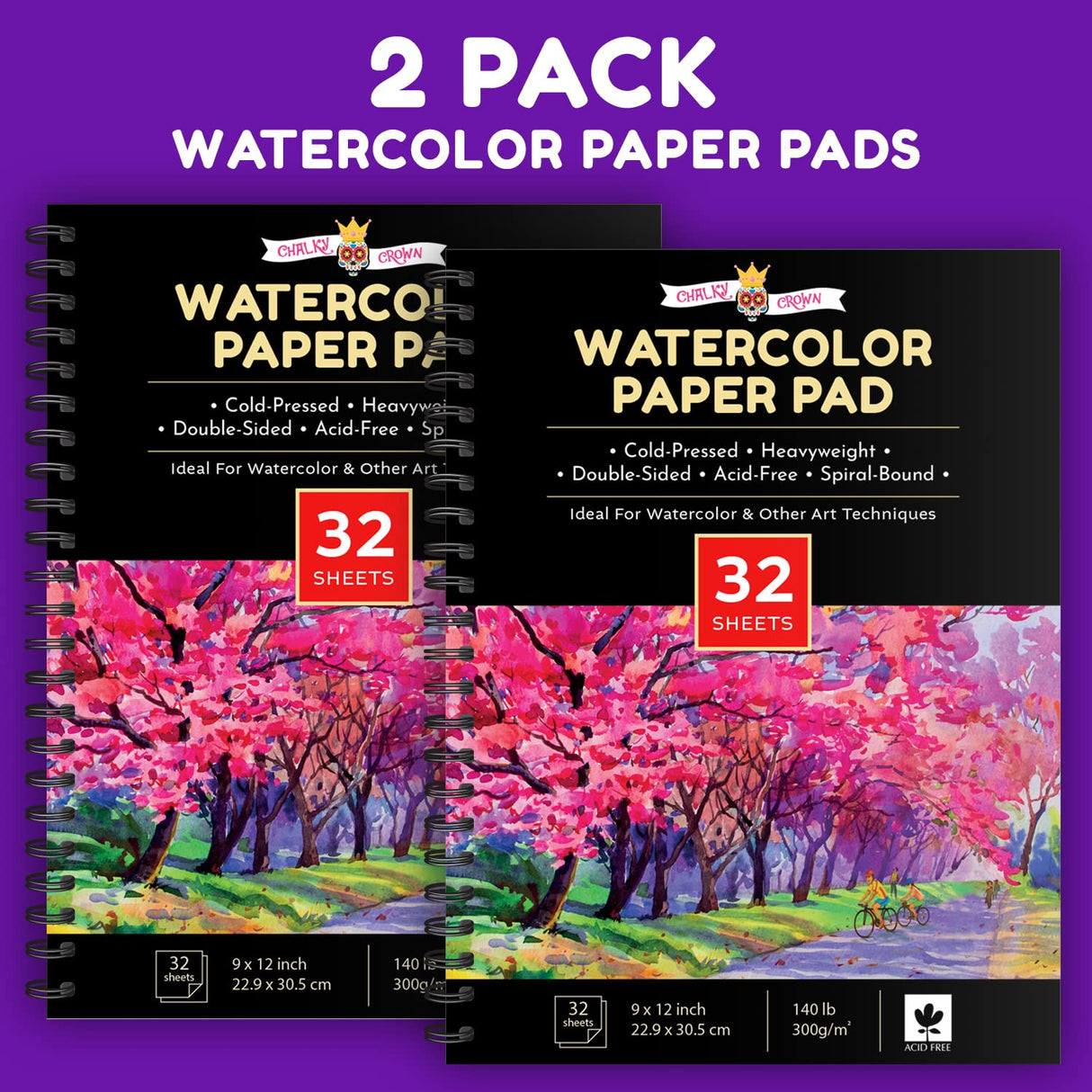 CHALKY CROWN - Watercolor Paper Pad - Water Color Paper Sketch Book - Large Paper for Artists, White - Pack of 2 (64 Sheets) CHALKY CROWN