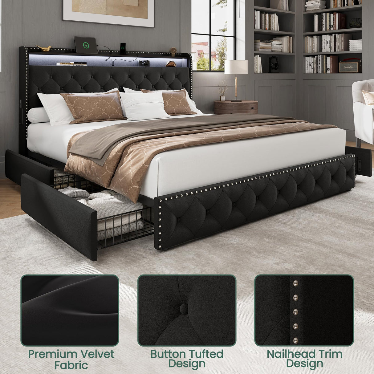 LARMACE King Size Bed Frame with LED Lights & USB Charging Station, Velvet Upholstered Platform Bed with Storage Headboard and 4 Drawers, No Box Spring Needed, Easy Assembly (Black, King) LARMACE