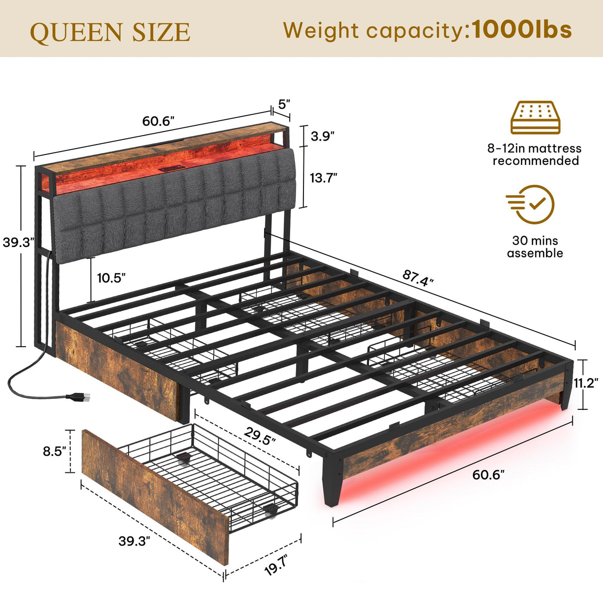 YITAHOME Queen Size Bed Frame with RGB LED Lights and 4 Drawers, Upholstered Platform Bed with Charging Station and Storage Headboard, No Box Spring Needed, Noise-Free, Fast Assembly, Rustic Brown YITAHOME
