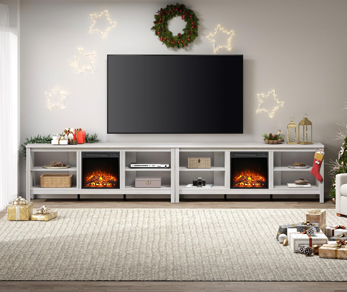 WAMPAT Electric Fireplace TV Stand for 100 Inch TV, White TV Console Table for 85 90 95 inch TV with 18 Inch Fireplace Insert, Wood Entertainment Center with Heater & Storage Cabinet, 70 Inch WAMPAT