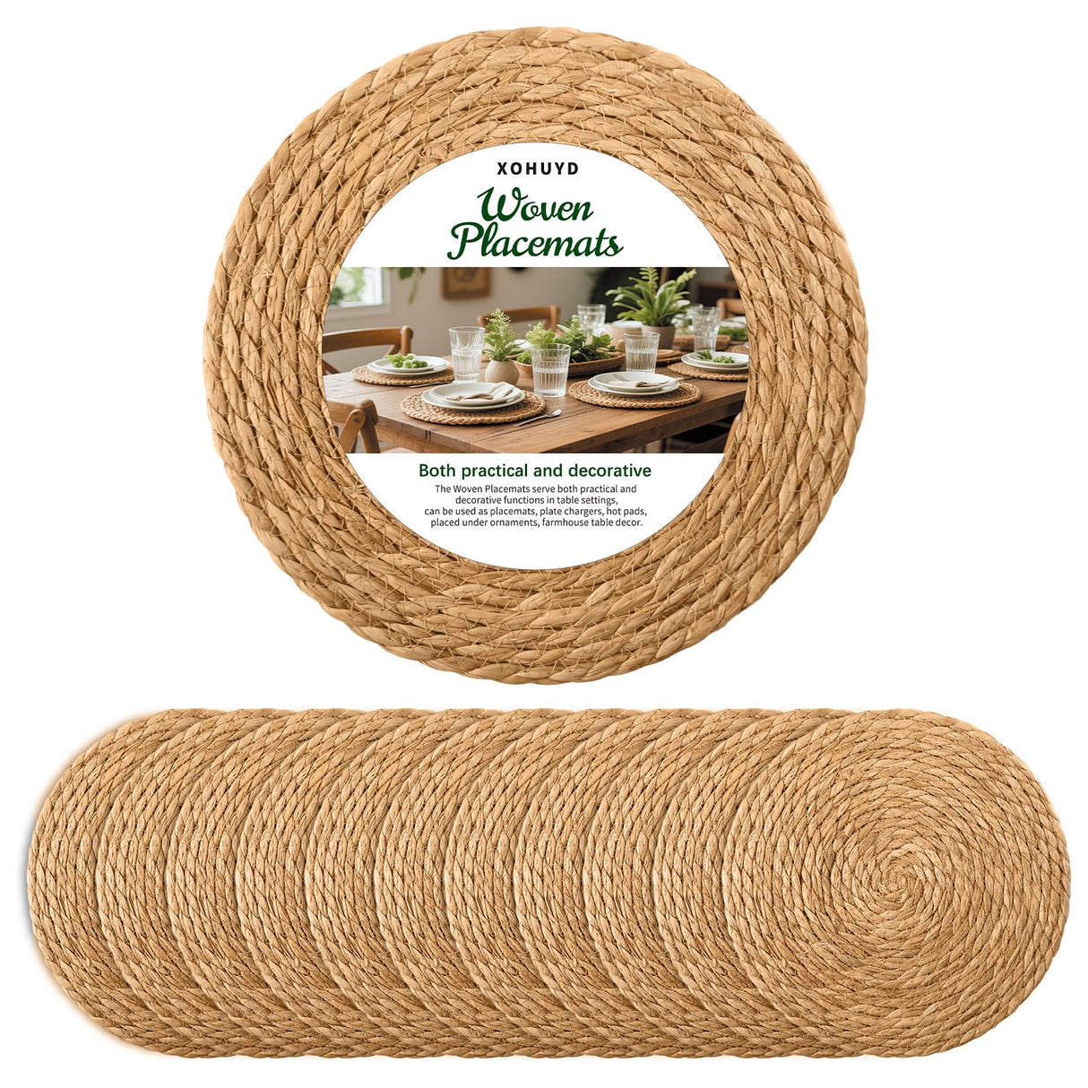 13 in Round Woven Placemats Plate Chargers Set of 12, Boho Farmhouse Rustic Woven Place Mats for Kitchen Dining Party Table Decor, Rattan Wicker Table Mats Jute Braided Chargers for Dinner Plates XOHUYD