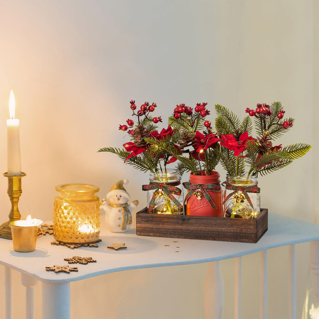 DUOER 3 Pcs Mason Jar Centerpiece Decorations for Christmas Table Decor Farmhouse Coffee Table Decor Christmas Kitchen and Room Decor,Red DUOER