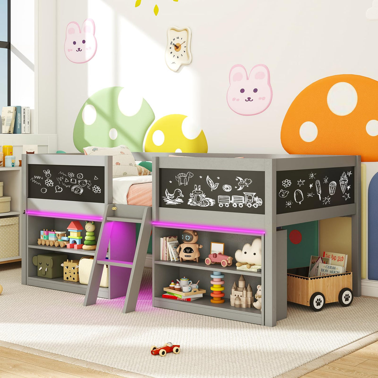 KOTEK Low Loft Bed with LED Lights & Chalkboards, Twin Loft Bed with Storage Bookcase and Under-Bed Space, Loft Bed Frame for Kids (Grey) KOTEK