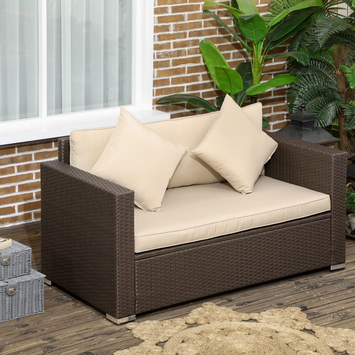Outsunny Patio Wicker Loveseat with Cushions, 2-Seat Outdoor PE Rattan Couch, Sofa with Throw Pillows for Porch, Backyard, Garden, Poolside, Beige Outsunny