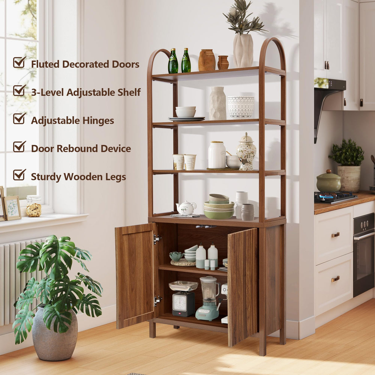 71” Tall Arched Bookshelf Storage with Fluted Doors, Mid Century Modern 6 Tier Bookshelves, Freestanding Bookcase Cabinet with Open Display Storage Shelf for Living Room Home Office Bedroom, Walnut XUZENEST