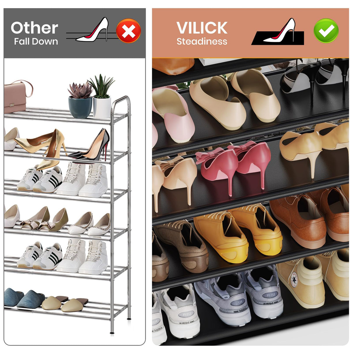 VILICK 5 Tier Shoe Rack with Hook and Side Pocket,Shoe Organizer Space Saver Storage for 20-25 Pair Shoe Storage Shelf Sturdy Free Standing Long Shoe Rack Organizer for Closet,Entryway,Small Spaces VILICK