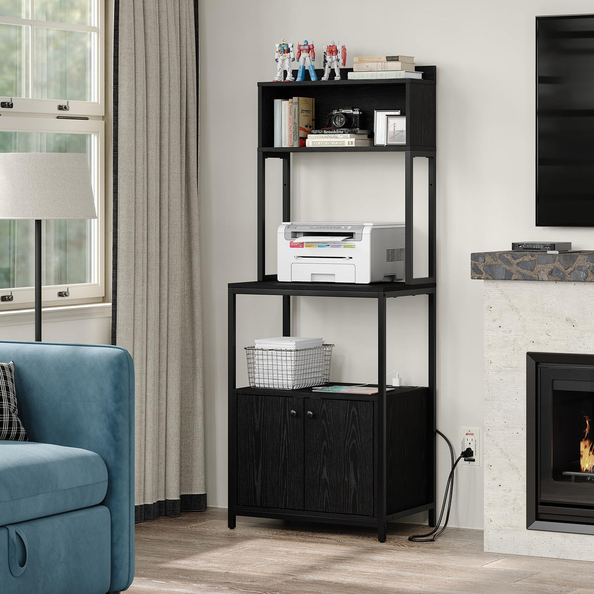 Furniouse 5-Tier Kitchen Bakers Rack with Power Outlet, Industrial Microwave Oven Stand with Storage, Kitchen Storage Shelf with Cabinet, Coffee cart, Standing Kitchen Storage Rack (Black) Furniouse