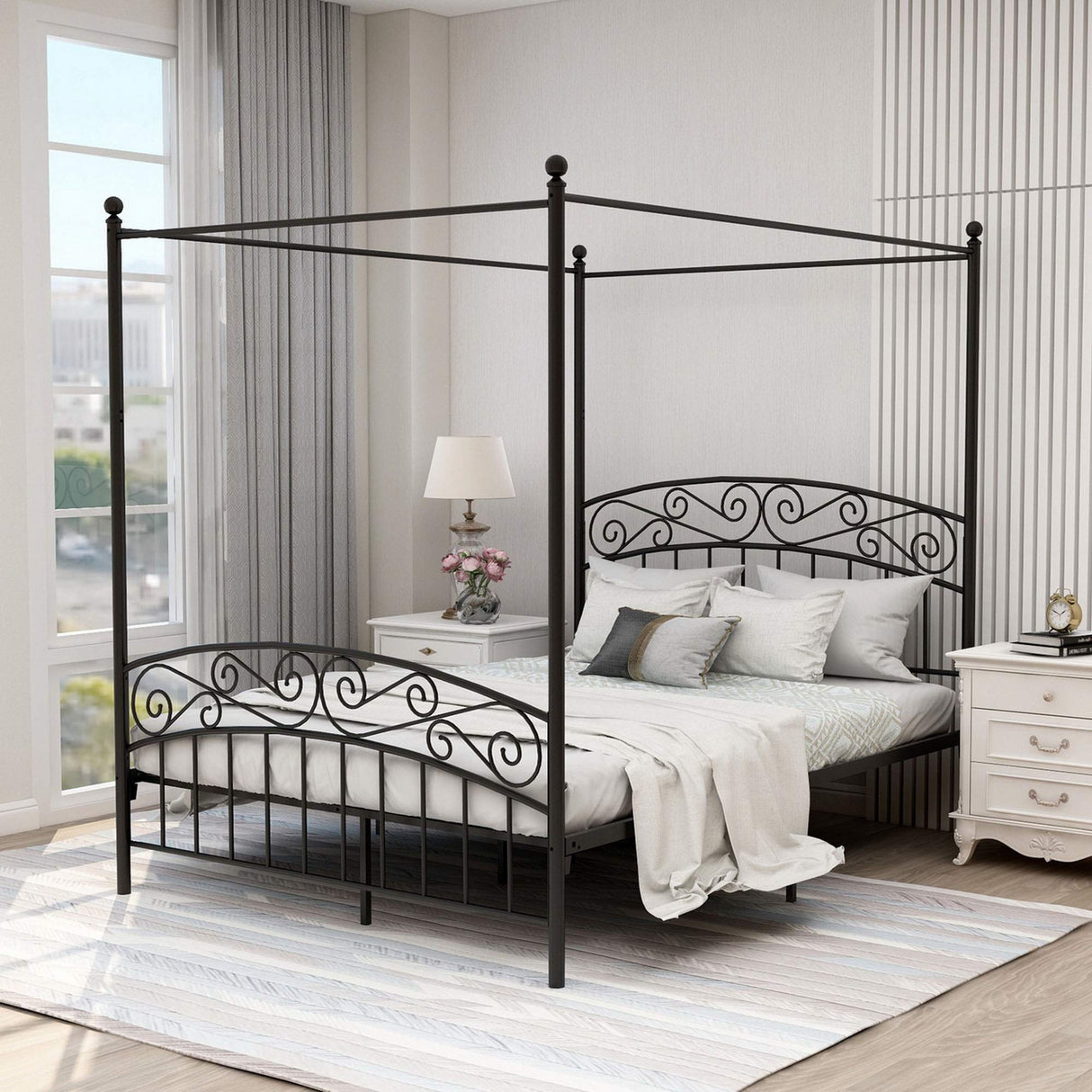 AUFANK Queen Size Canopy Bed Frame Four-Poster Metal Platform Bed with Headboard and Footboard Sturdy Heavy Duty Steel Slat Support No Box Spring Needed Black AUFANK