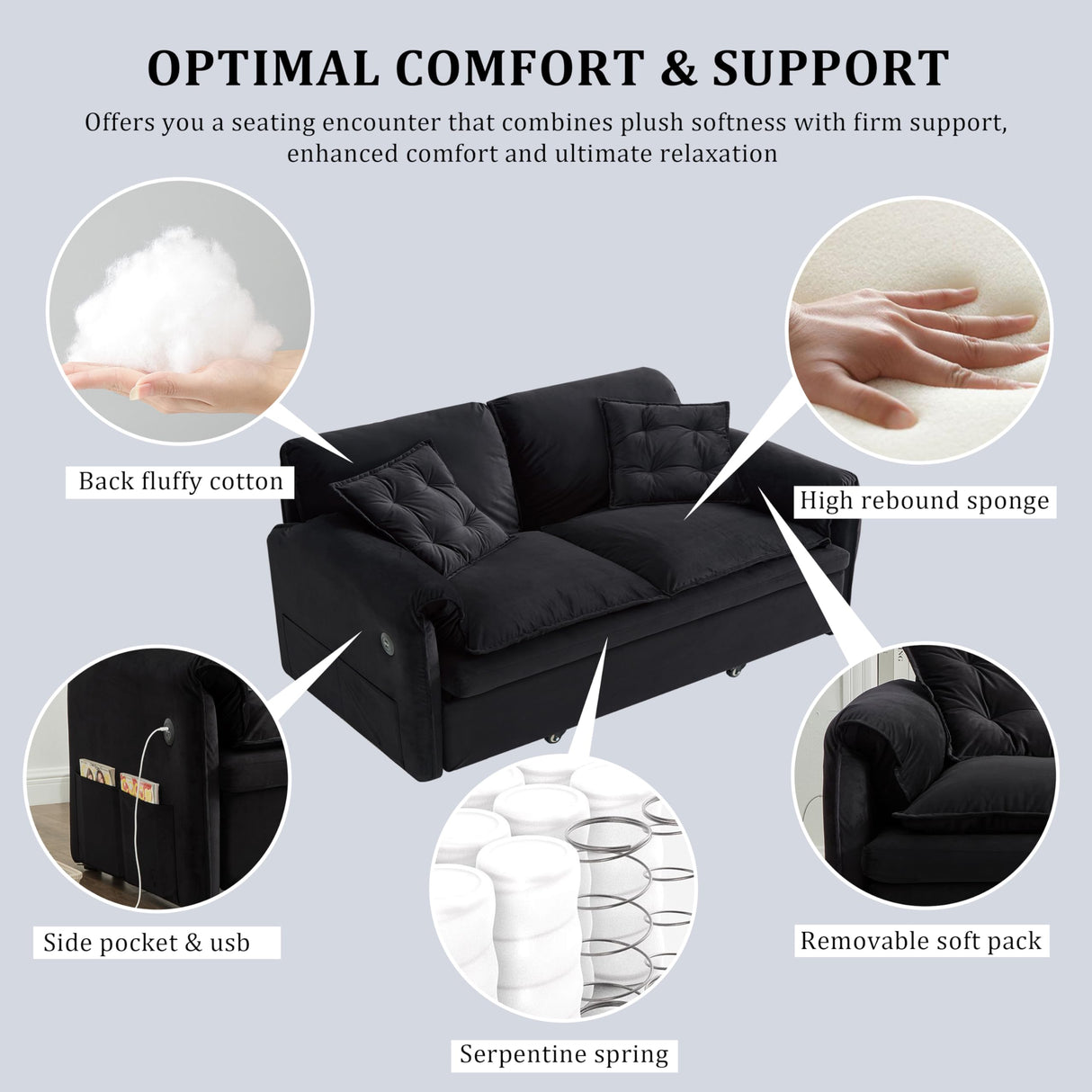 Winterstorm 62" Queen Pull Out Futon Sofa Bed with USB Ports, 3-in-1 Modern Convertible Sleeper Sofa with Side Pocket, Comfy Velvet Loveseat Couch for Living Room Bedroom Apartment (Queen, Black) Winterstorm