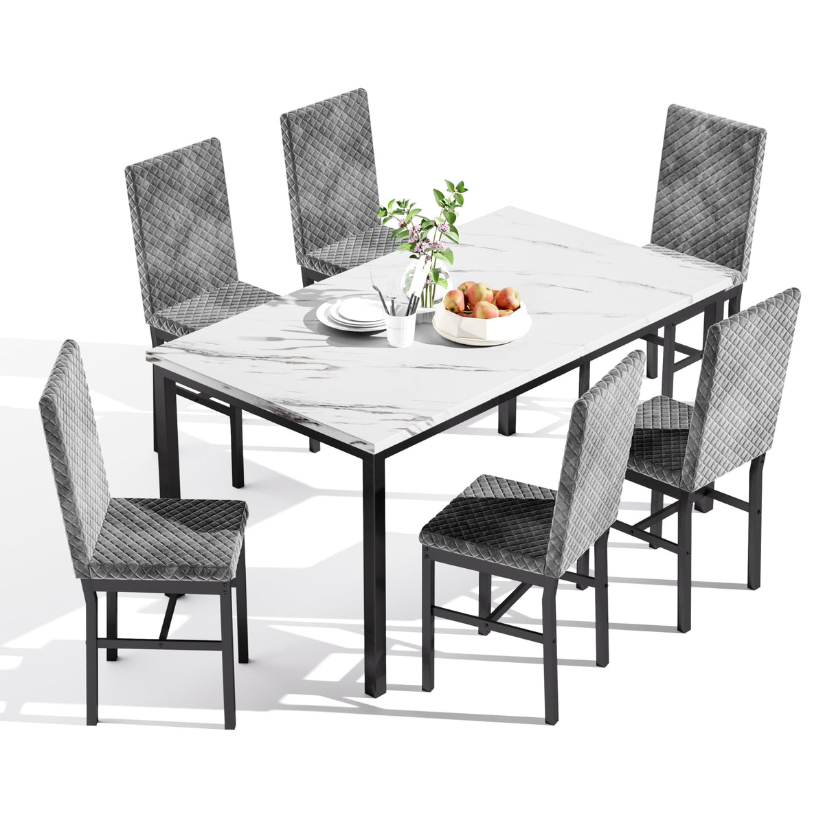 Recaceik 7 Piece Dining Table Set for 6 with Chairs of Velvet Foam, Faux Marble Kitchen Dining Table Set for Small Space, Living Room, Apartment (Grey) Recaceik