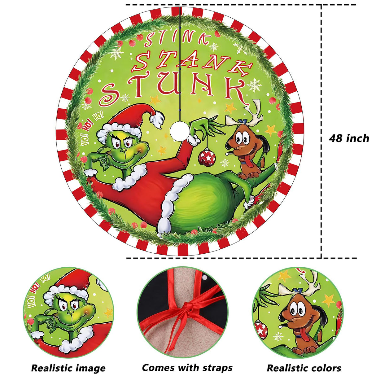 48 Inch Christmas Tree Skirt - Soft and Funny Farmhouse Christmas Tree Collar with Red & Green Trim Decor Xmas Holiday Decoration (Style A) Bpwasxda