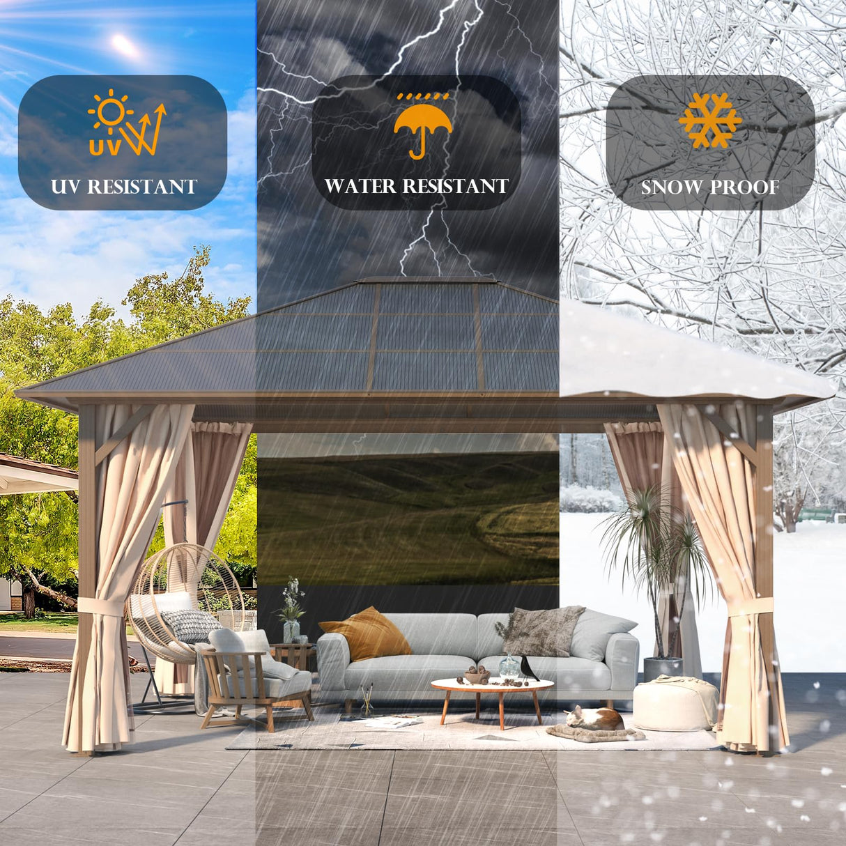 YOLENY 12'x14' Hardtop Gazebo, Outdoor Polycarbonate Roof Canopy, Aluminum Frame Permanent Pavilion with Curtains and Netting, Sunshade for Garden, Patio, Lawns YOLENY