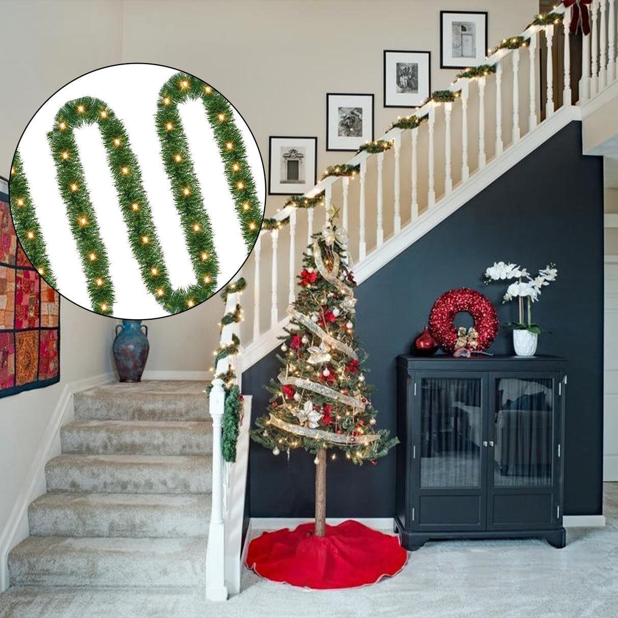 Dazzle Bright 50 FT Pre-lit Christmas Green Garland, 150 LED Lights Lighted Artificial Pine Garlands, for Indoor Outdoor Christmas Decor Holiday Wedding Decoration Dazzle Bright
