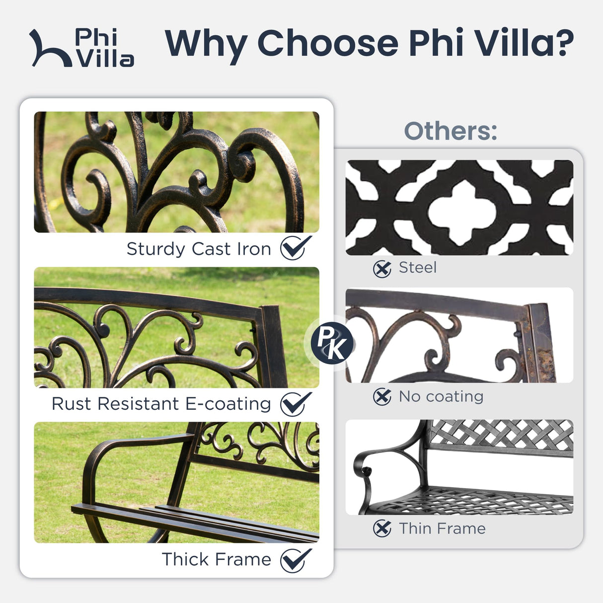 PHI VILLA 50" Garden Bench Outdoor Bench Patio Bench for Outdoors Metal Porch Steel Frame Furniture for Yard PHI VILLA