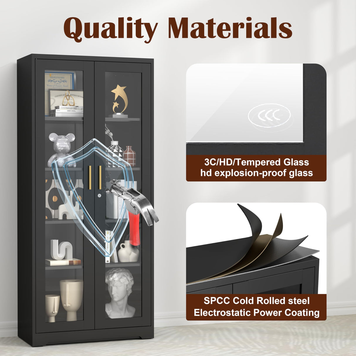 SteeLoong 71" Glass Display Cabinet with Lock,Curio Cabinet with Glass Doors, Metal Display Case with 4 Adjustable Shelves, Black Bookcase Locking Storage Cabinets for,Liquor,Commercial SteeLoong