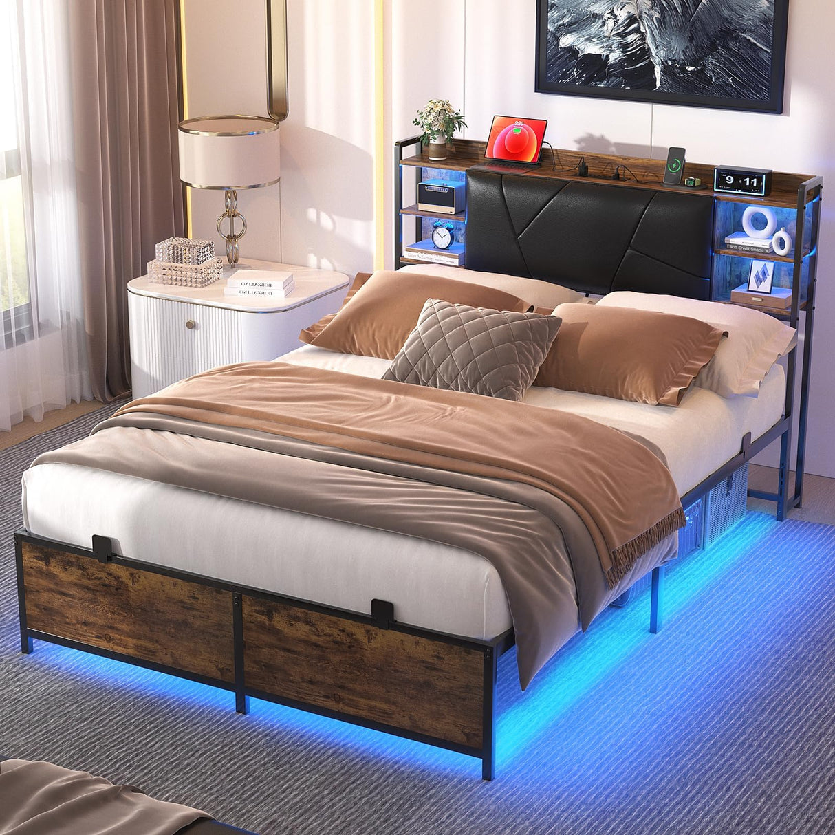 Unikito Full Size Bed Frame with Charging Station and RGB LED Light, Sturdy Platform Bed with Upholstered Headboard, Strong Metal Slats, Noise Free, No Box Spring Needed, Easy Assembly, Rustic Brown Unikito