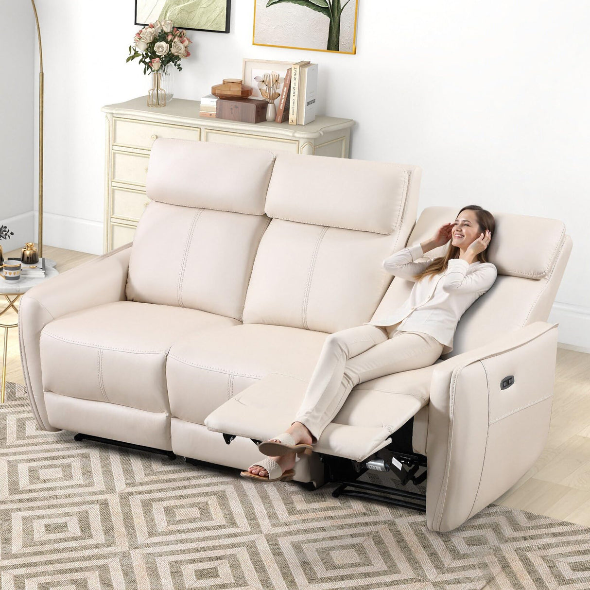EBELLO Faux Leather Power Reclining 3 Seat Sofa Couch, Electric Recliner Sofa with USB and Type-C Charging Ports,Metal Base, 3 Seats for Small Living Room,Beige EBELLO
