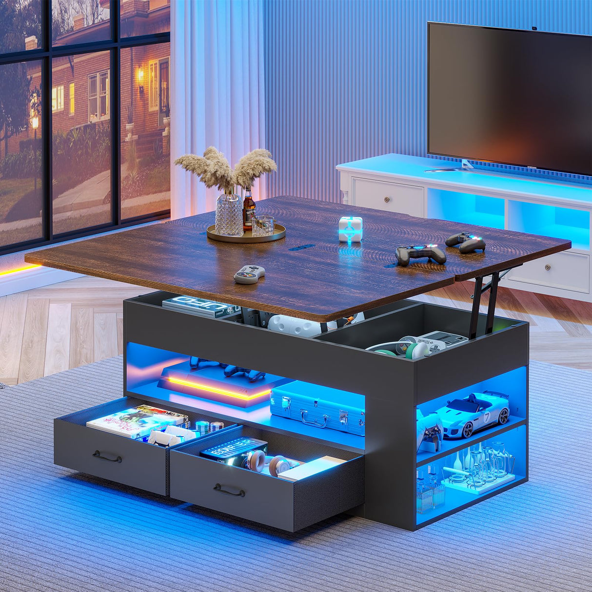 Itaar Lift Top Coffee Table, 4 in 1 Coffee Tables with Storage and Hidden Compartment, Farmhouse Coffee Table with 2 Fabric Drawers & LED Light for Living Room, Black Itaar