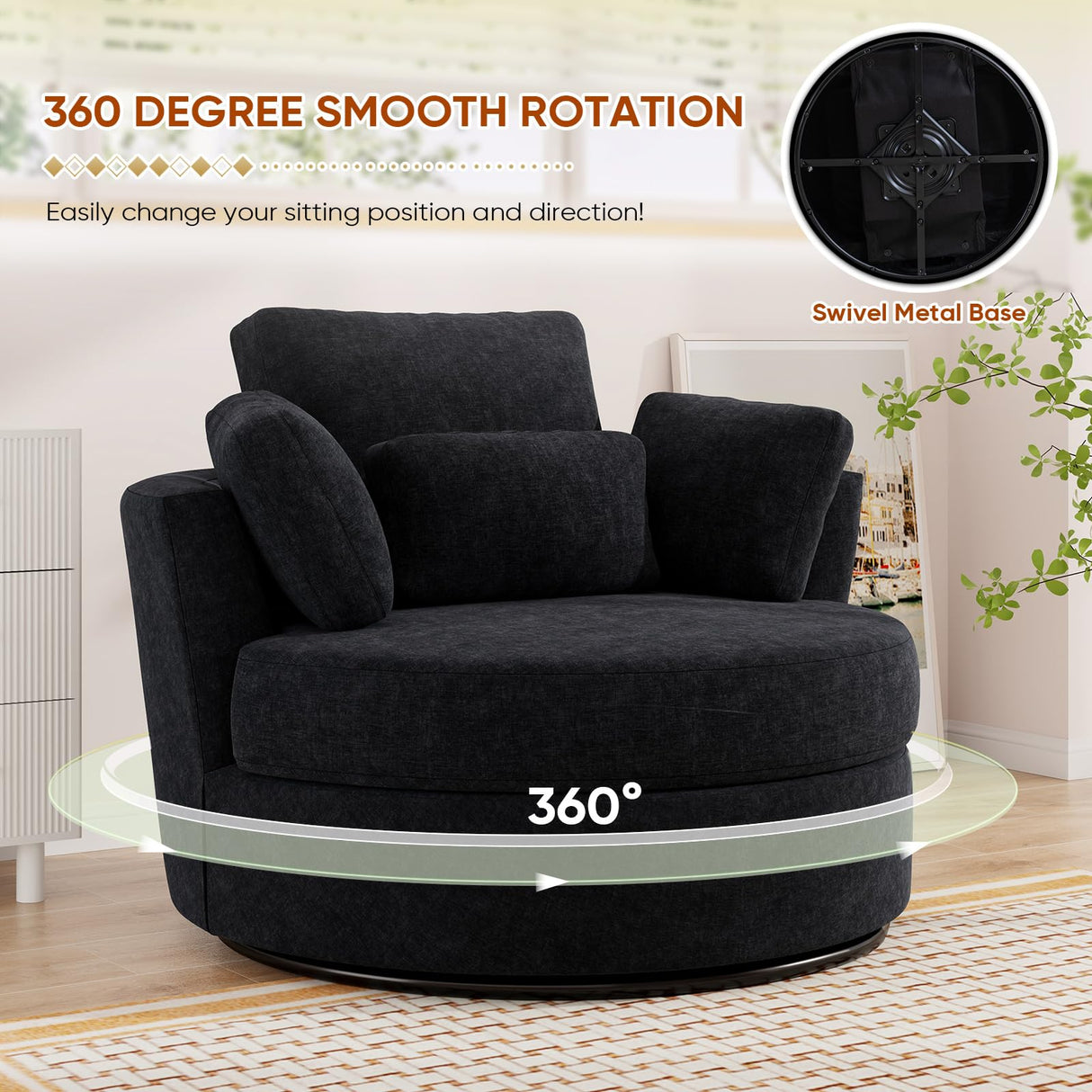 JEEOHEY Swivel Accent Barrel Chair, 42'' W Chenille Upholstered Round Swivel Chair, 360 Degree Modern Oversized Round Armchair, Comfy Single Sofa Chair for Nursery, Living Room, Bedroom(Black) JEEOHEY