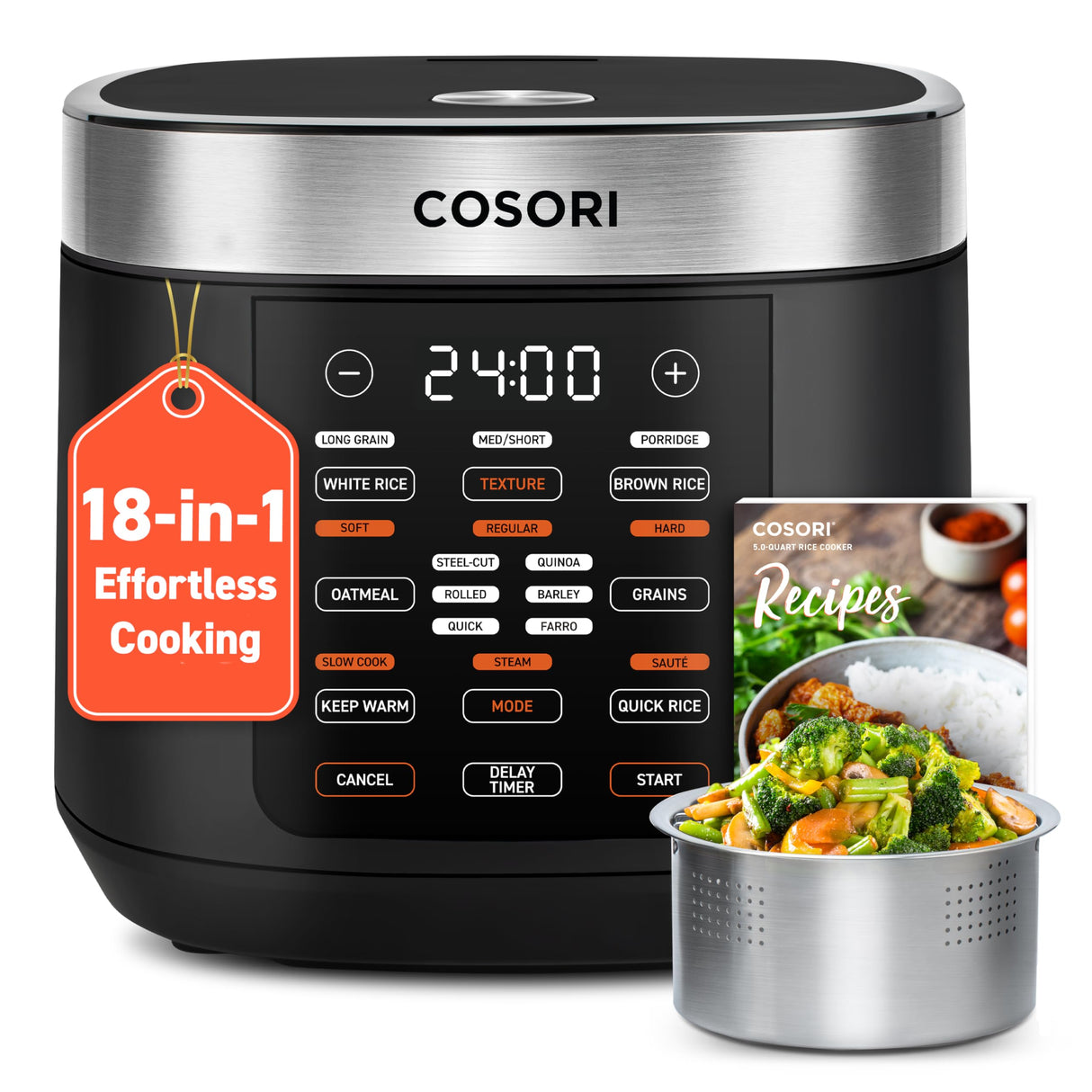 COSORI Rice Cooker 10 Cup, 24h Keep Warm, 18 Functions Fuzzy Logic Rice Maker with Stainless Steel Steamer Basket, Sautรฉ, Slow Cooker, Black COSORI