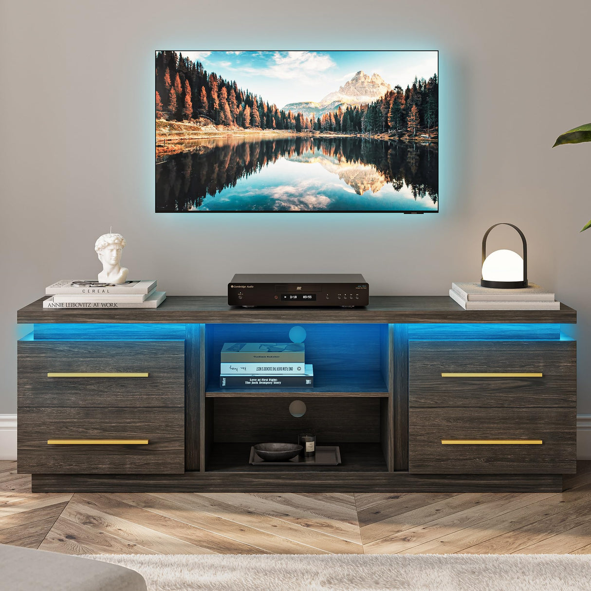 BELLEZE 66" TV Stand for TVs Up to 75", Entertainment Center with Music Sync LED Lights, Media Console Table Storage Cabinet with Open Shelves & Drawers for Living room, Bedroom - Hawthorn (Brown) BELLEZE