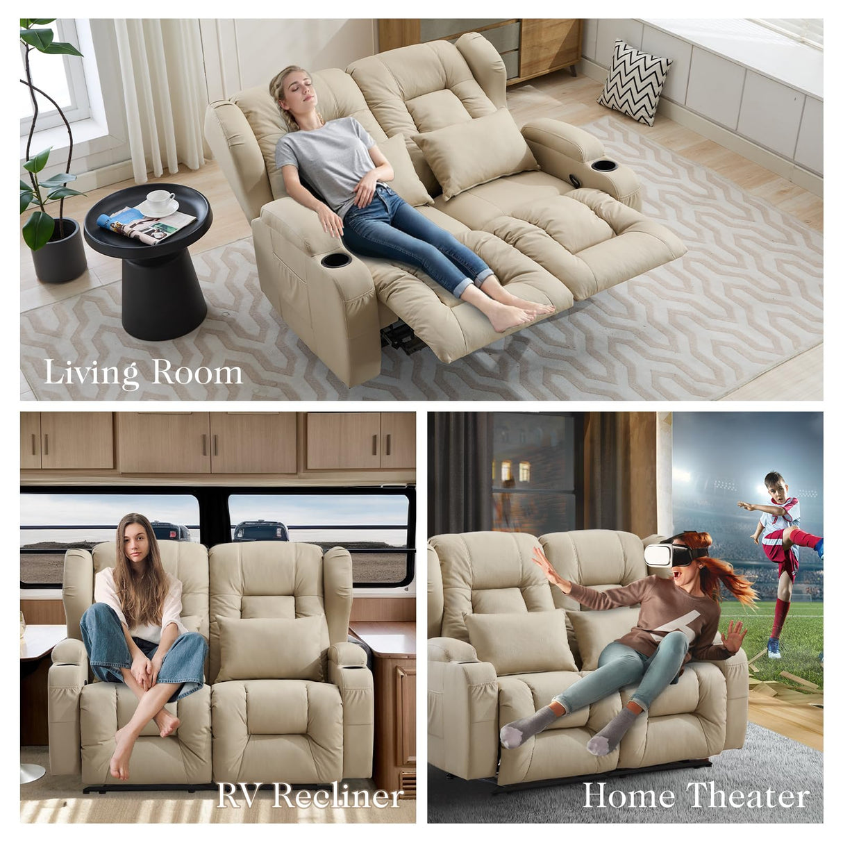 Loveseat Recliner Sofa,RV Couch 6'' Wall Hugger Recliners for Small Spaces,Fabric Reclining Loveseat Sofa Recliner with Cup Holders/Lumbar Pillows,RV Furniture (Beige, Loveseat) Generic