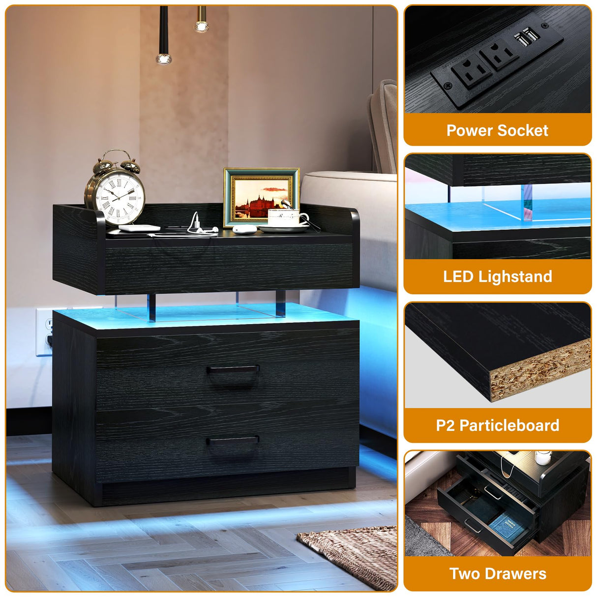 TC-HOMENY Floating Nightstand with 2 Drawers, LED Nightstand with Voice-Activated Mode, Side Table End Table with Charging Station (Black) TC-HOMENY