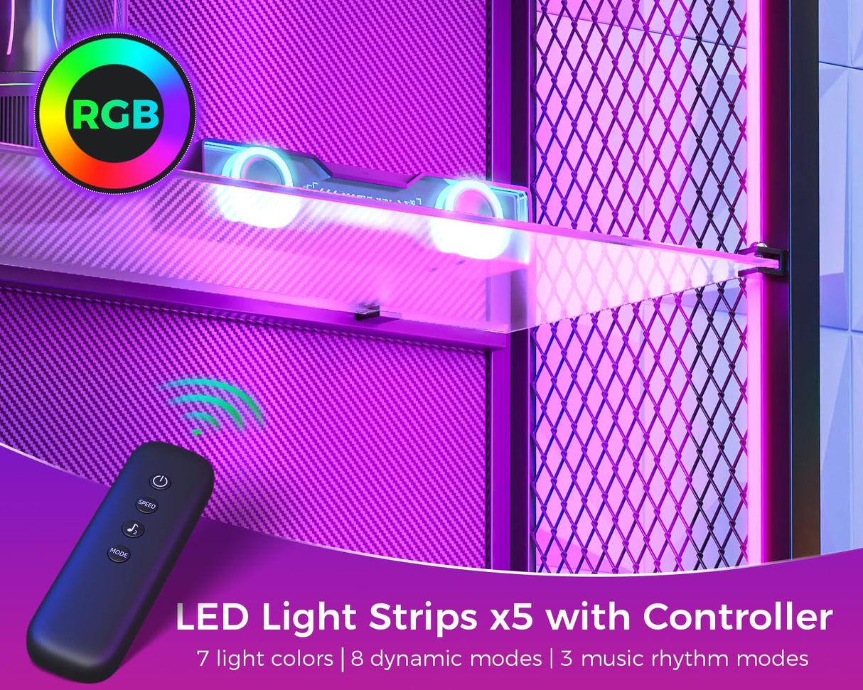 MOTPK Display Cabinet with LED Lights, Display Case with Glass Storage Shelves, 4-Tiers Curio Cabinet for Collectibles, Display Shelf Carbon Fiber Texture, Black MOTPK