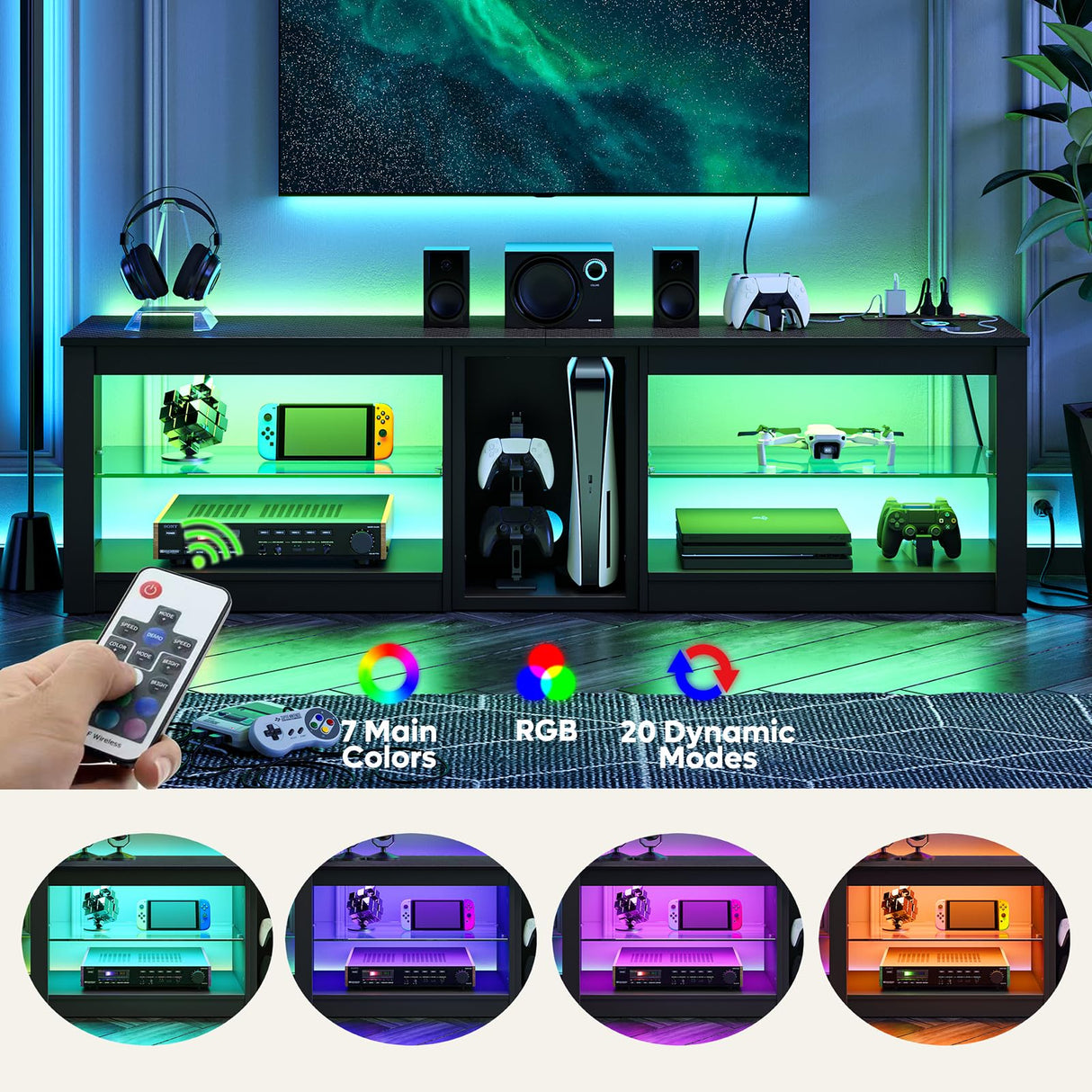 Bestier TV Stand for 70 inch TV with Power Outlets, LED Entertainment Center for PS5, Gaming TV Consoles with Glass Shelves for Living Room, 63'' Inch, Black Carbon Fiber Bestier