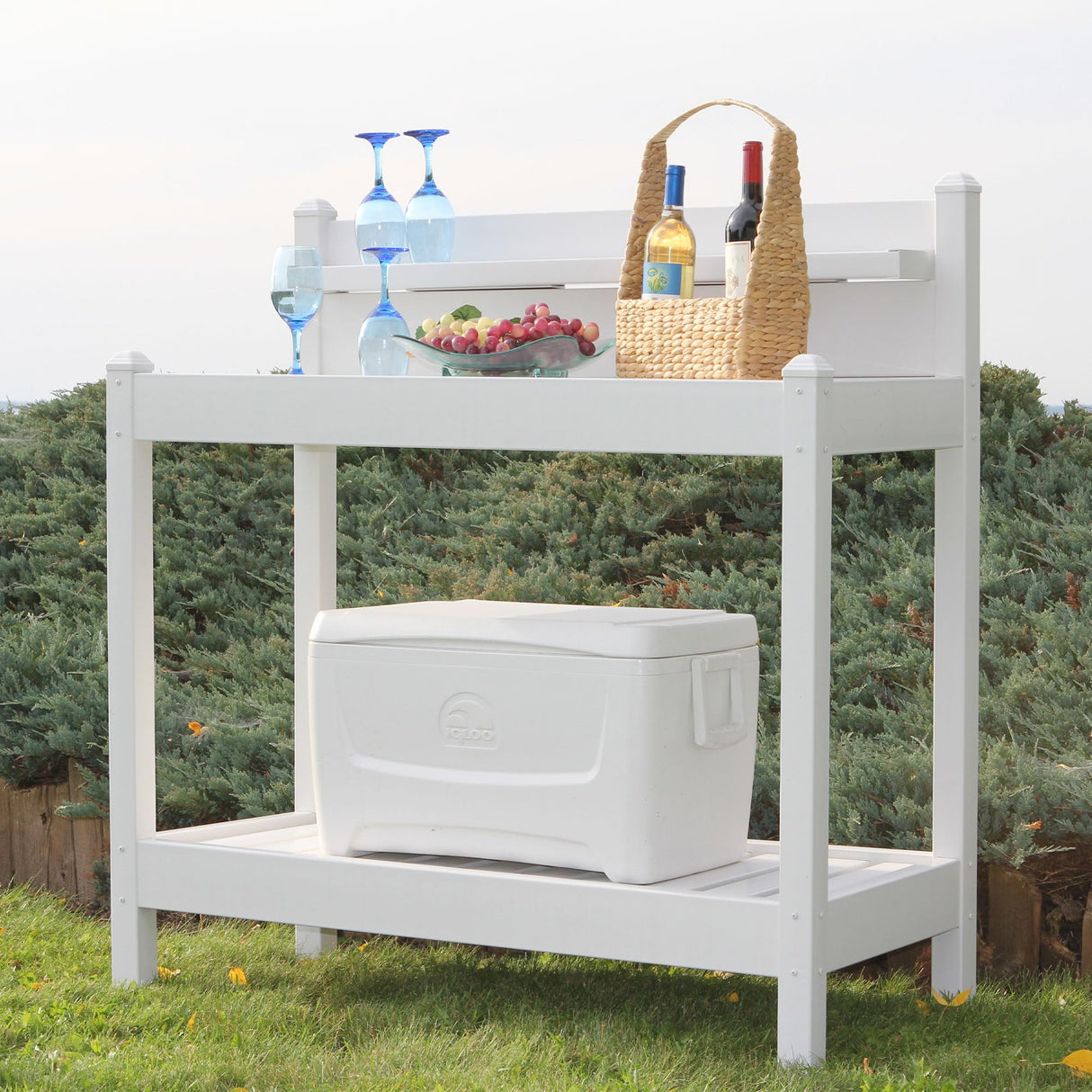 DuraTrel Greenfield PVC Vinyl Indoor Outdoor Table Potting Bench Station with Shelf for Plant Accessories & Gardening Supplies Storage, White DuraTrel