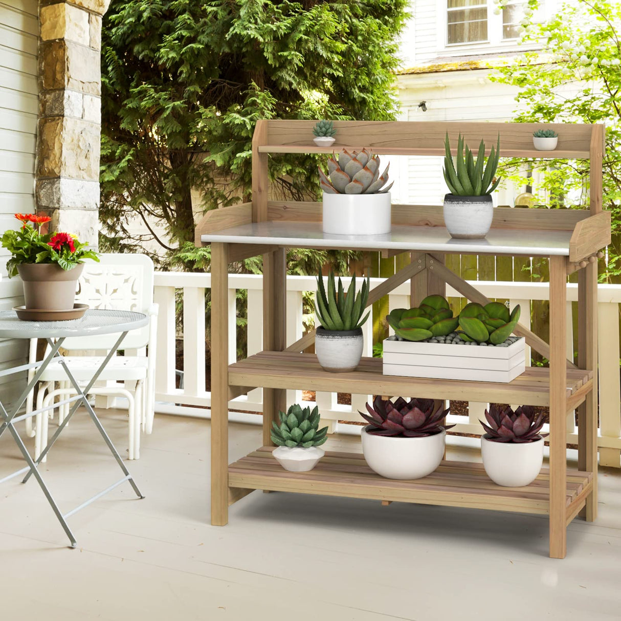 Giantex Garden Potting Bench, Galvanized Steel Top, 6 Hooks, 2 Tier Storage Shelves, Wood Workstation for Indoor Outdoor Gardening Planting Garage Tools, Potted Plant, Worktable 41.5"x19.5"x48" Giantex