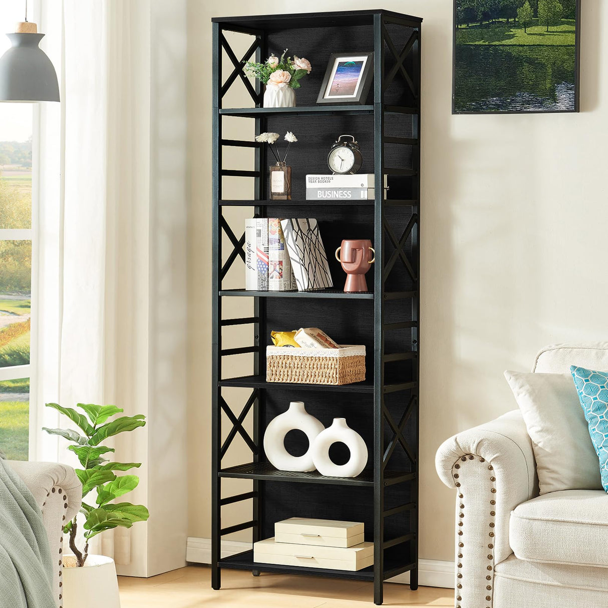 HOMBAZAAR 7 Tier Bookshelf, 78 Inch Tall Rustic Bookshelf with Metal Frame, Industrial Heavy Duty Bookshelves and Bookcases, Open Book Shelf for Office, Living Room and Library, Black HOMBAZAAR
