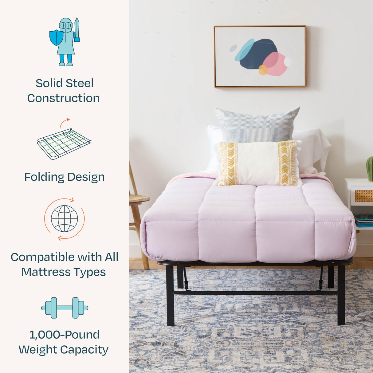 Linenspa Folding Metal Platform Bed Frame - No Box Spring Needed - Underbed Storage - Simple Tool Free Assembly - Mattress Foundation - 14" High - Traditional Design - Sturdy Steel - Twin Size Linenspa