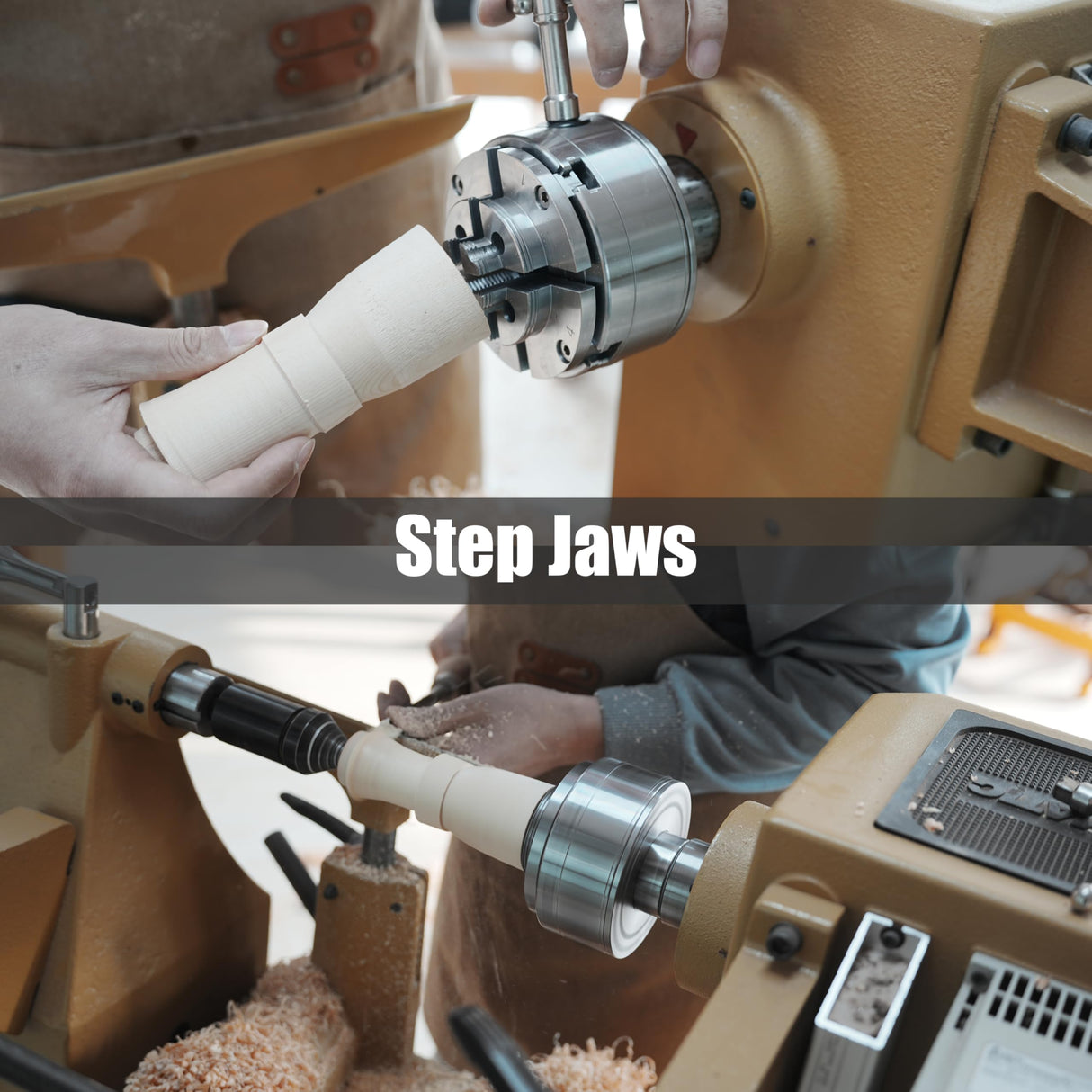 4.5" Woodlathe Chuck, Thread 1-1/4"x8TPI", Dovetail Jaws, Pin Jaws, 8" Flat Jaws, Step Jaws, Wide Jaws, Wood Screw, Thread adaptor to 1"x8TPI, Two Nylon Washers, Two Chuck Keys and T Handle Allen Key. BMWOOD