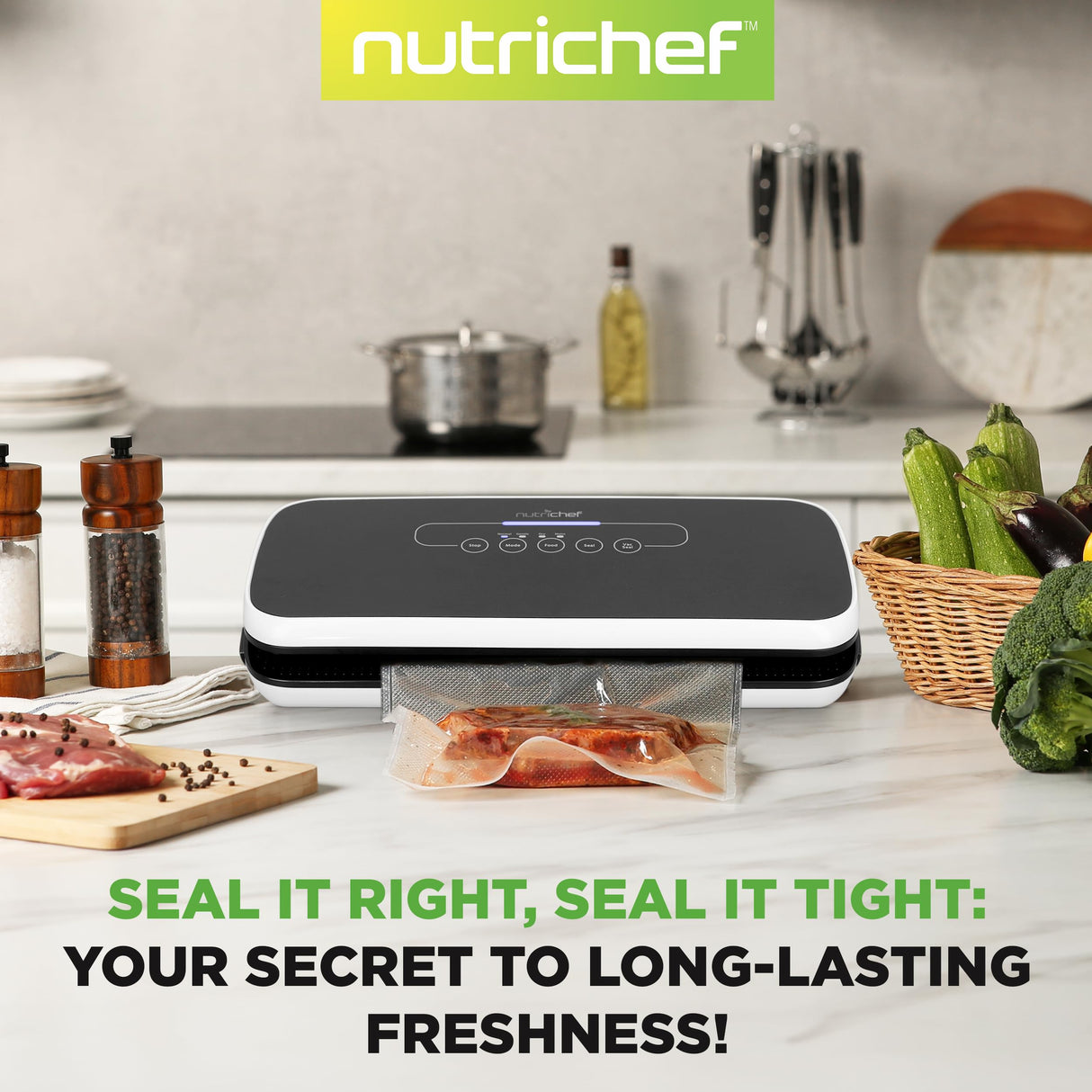 NutriChef Automatic Vacuum Air Sealing System for Food Preservation with Starter Kit, Compact Design, Lab Tested, Dry & Moist Food Modes with Led Indicator Lights, Black NutriChef