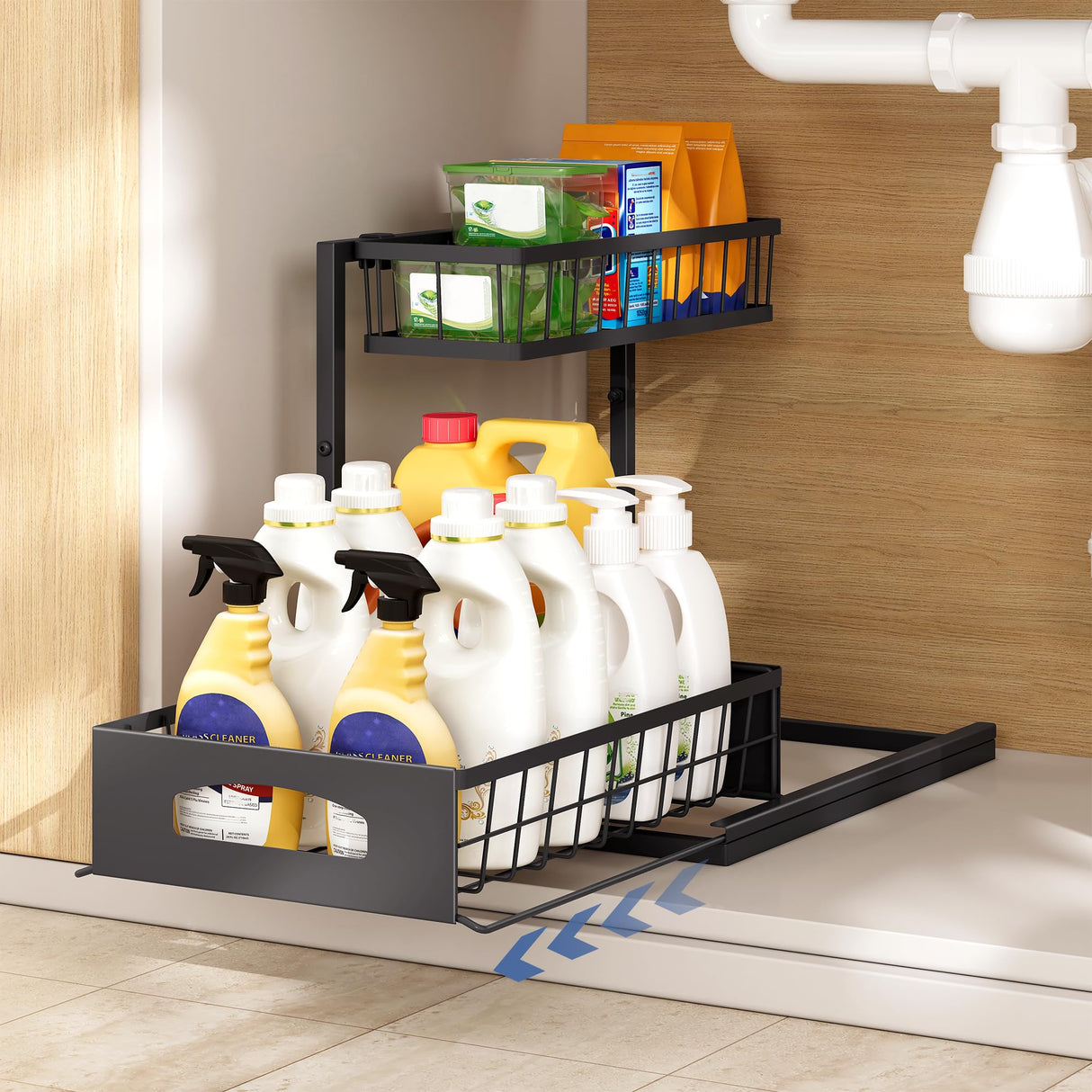 Under Sink Organizer , 2 Pack Height Adjustable Cabinet Organizer with Slide Out Drawer, Pull Out Under Sink Storage, Multi-Purpose 2 Tier Sink Shelves for Kitchen Bathroom Pantry (Black, 2 Pack) Fabutier