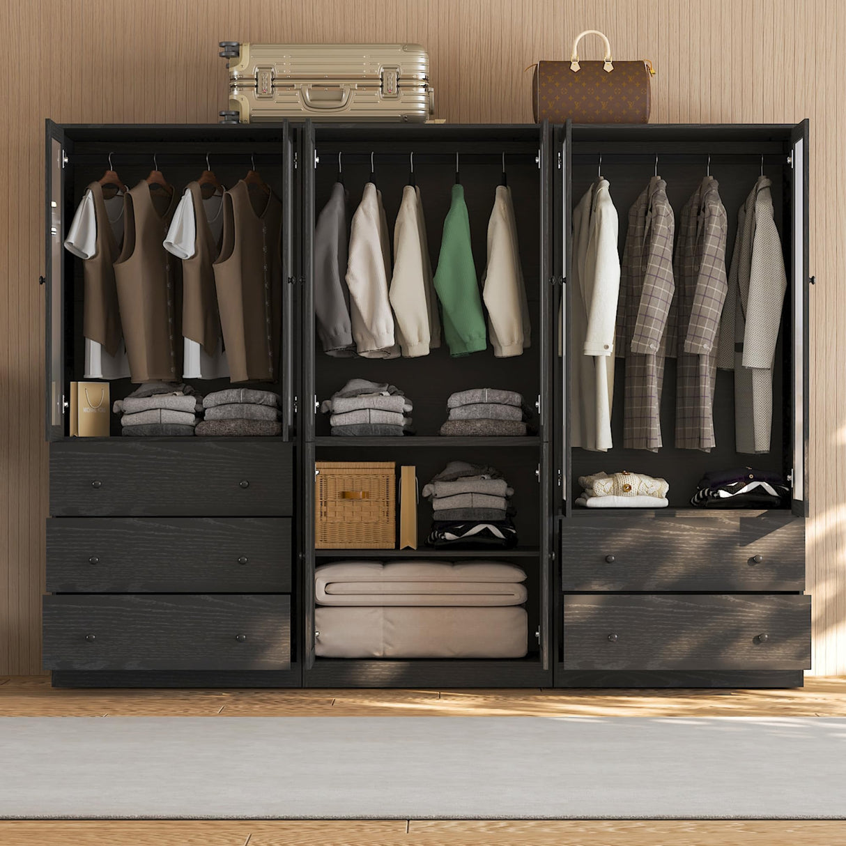 VOWNER 20“D Armoire Wardrobe Closet with Fluted Glass, 71" H Clothing Storage Cabinet with Hanging Rod, 4 Soft-Close Doors Wooden Wardrobe Cabinet for Bedroom, Large Capacity Storage Black(CCA) VOWNER