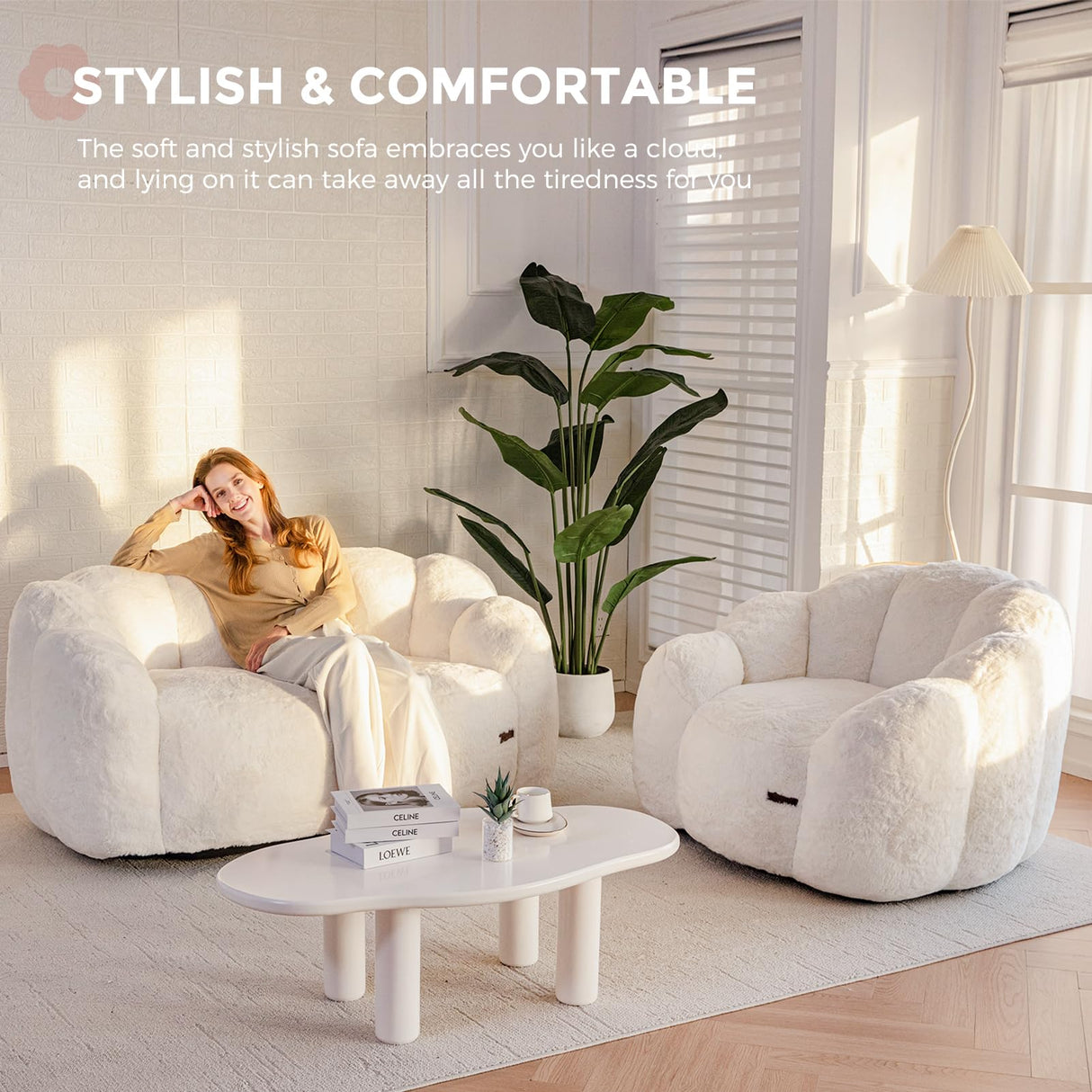 MAXYOYO Bean Bag Chair for Adults, Floral Shaped Bean Bag Sofa, Ultra Soft Faux Fur Floor Sofa, Large Reading Chair for Living Room Bedroom, Beige, Single MAXYOYO