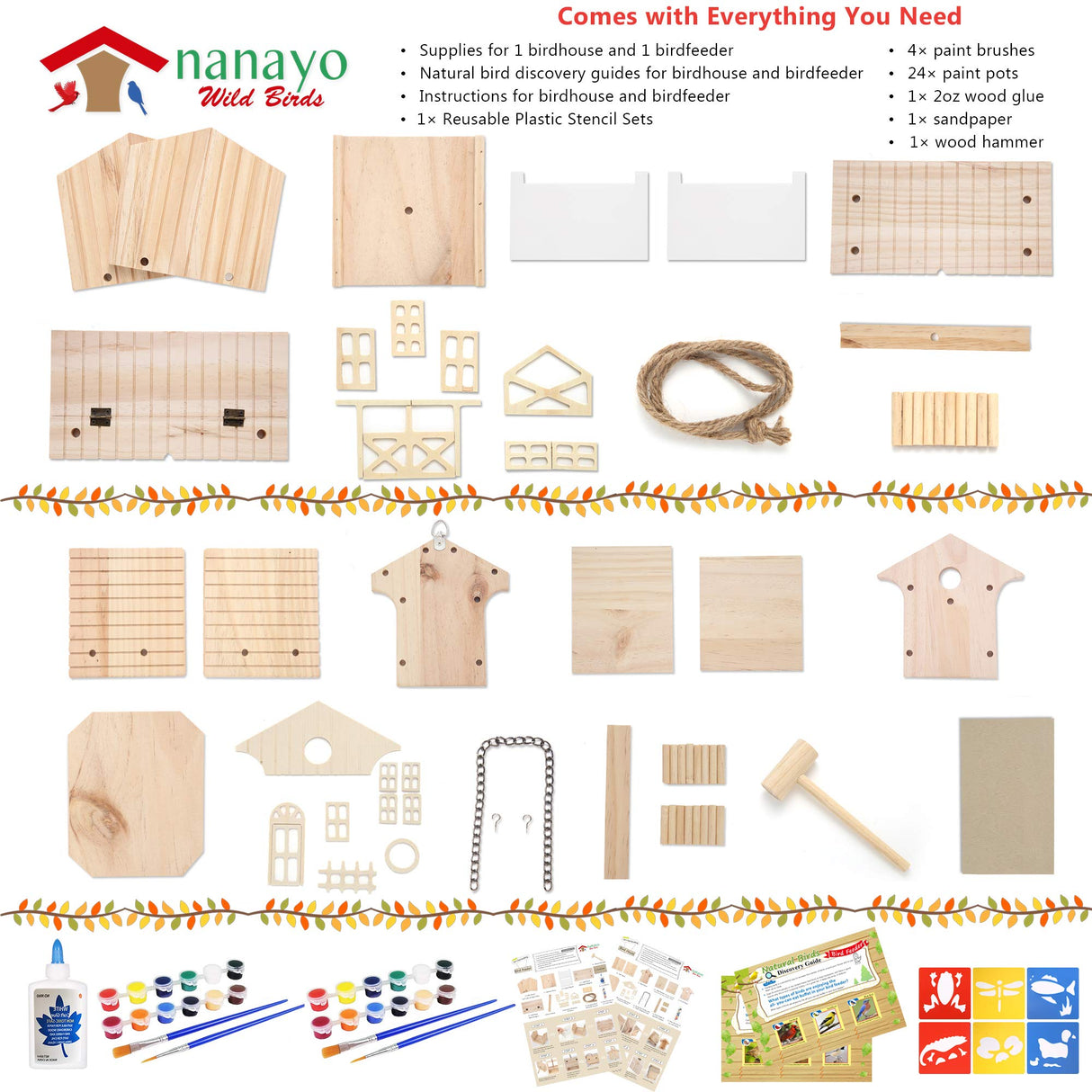 nanayo Wild Birds DIY Bird House Kit for Kids to Build - Birdhouse and Bird Feeder Wood Building Kits with Hanging Chain and Rope, Mallet, Paints and Brushes, Sandpaper, Glue and Bird Discovery Guide nanayo