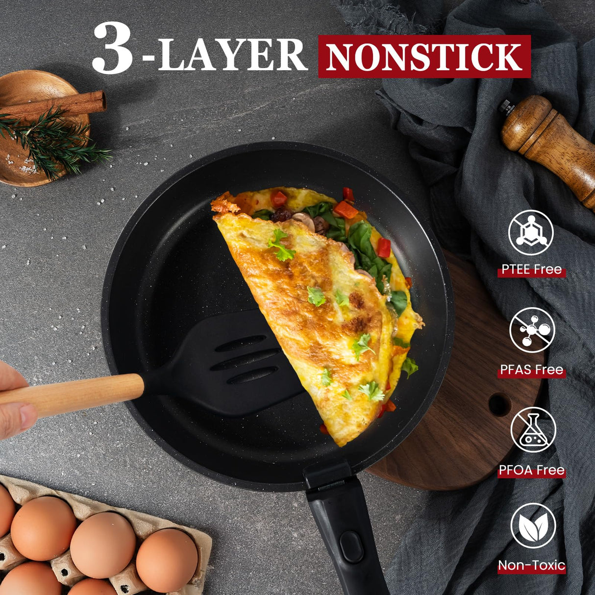 KIKCOIN 20 Pcs Pots and Pans Set Non Stick, Detachable Handle Cookware Sets Nonstick, Non Toxic Induction RV Kitchen Cooking Set with Removable Handles, Dishwasher/Oven Safe, Easy Clean (Black) Kikcoin