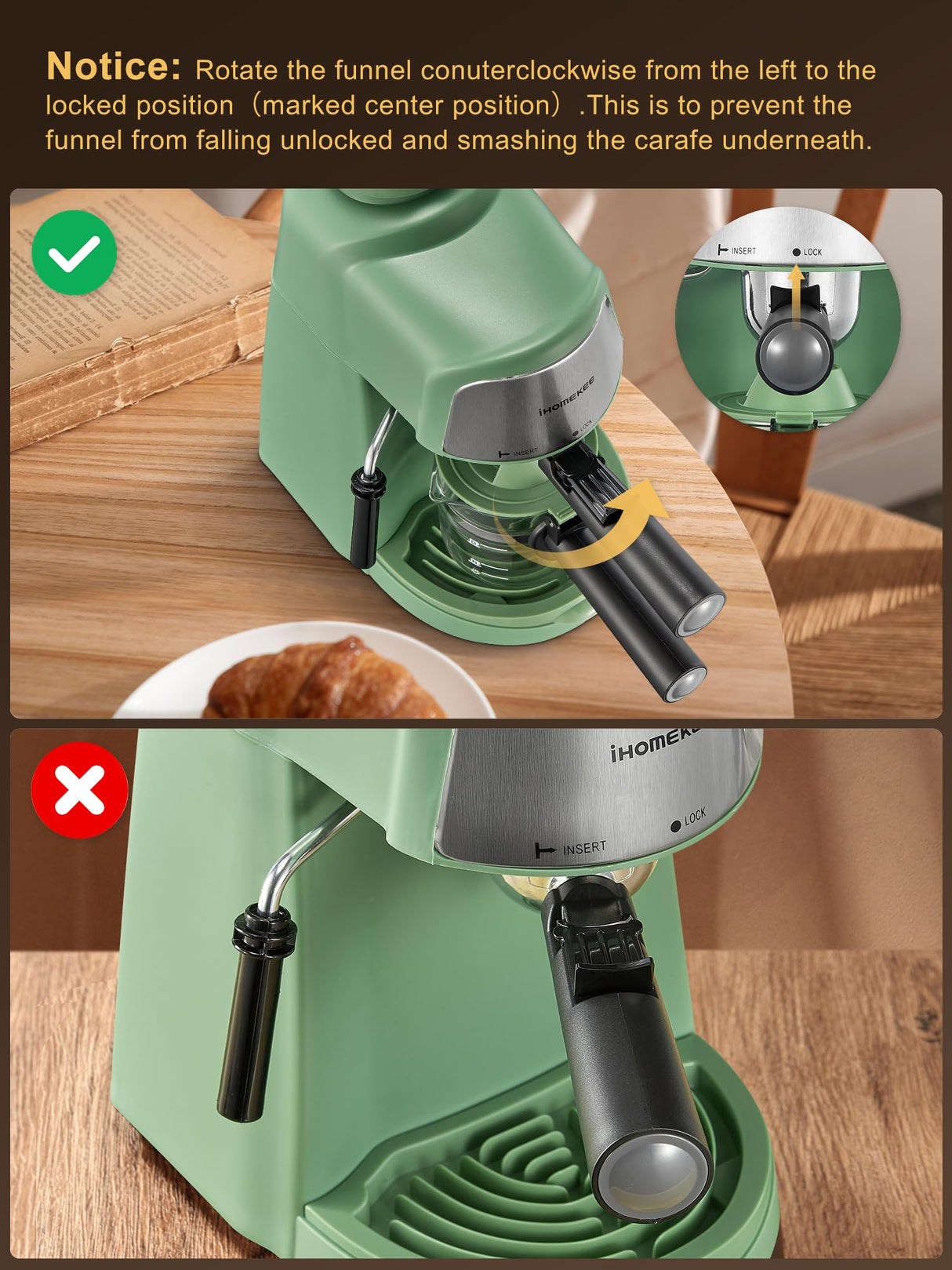 Ihomekee Espresso Machine, 3.5Bar Espresso and Cappuccino Machine with Fast Heating Function, 1-4 Cups Coffee Maker with Milk Frothing Function and Steam Wand (Green) Ihomekee