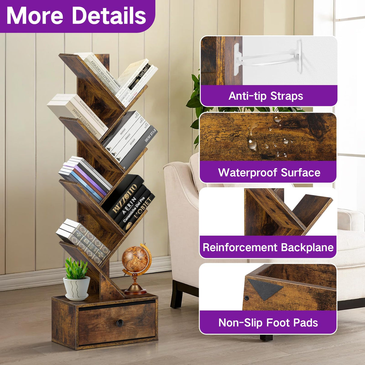 OUTONLIFE Tree Bookshelf with Drawer, 6 Tier Book Shelves, Narrow Floor Standing Bookcase, Corner Book Storage Rack for CDs/Movies/Books, Wood Bookshelves for Living Room, Home Office, Bedroom OUTONLIFE