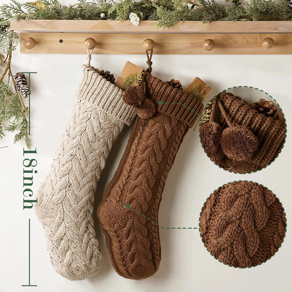 Farmhouse Knitted Personalised Christmas Stockings: 4 Pack 18 Inch Rustic Neutral Cable Knit Fireplace Stockings, Rustic Cozy Hanging Xmas Stocking Decorations for Family Holiday Décor, Earth Tones Pawliss