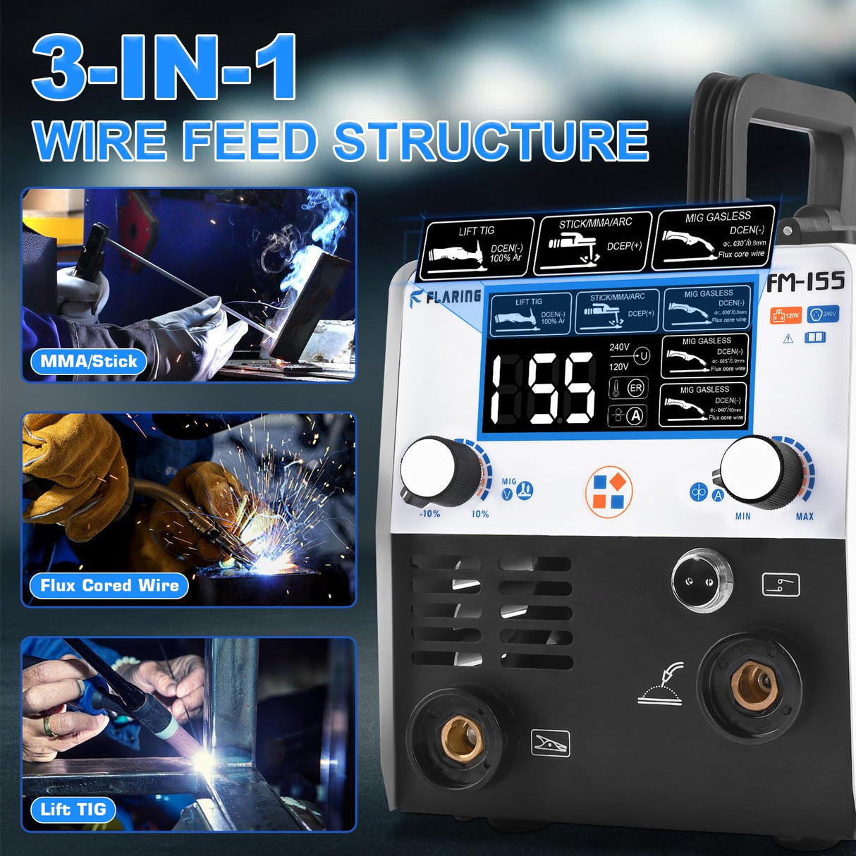 FLARING 155Amp MIG Welder, 110V Flux Core Welder Flux MIG/Lift TIG/Stick 3-in-1 Large LED Digital Display Welding Machine IGBT Inverter Gasless Welder Update FM155 FLARING